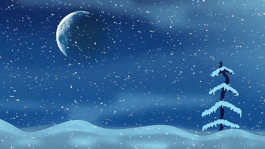 Kerstnacht, maan, boom, sneeuw, achtergrond