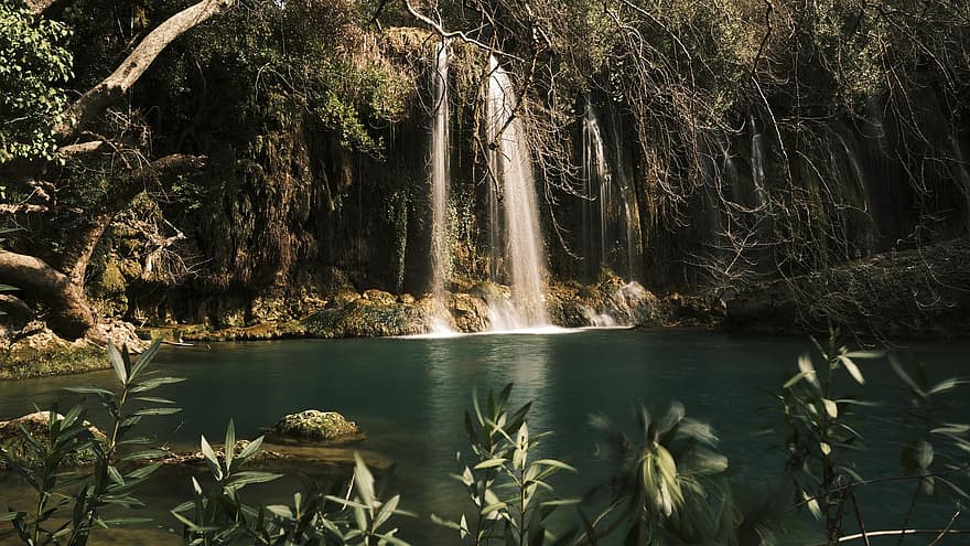 vattenfall, flod, kaskad, natur, skog, berg, resa, Gezi, äventyr, bakgrund, blad