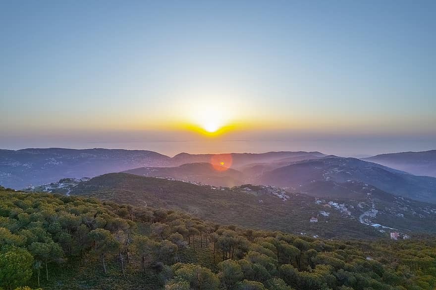 bergen, libanon, solnedgång, landskap, natur, skog, träd, bakgrund, berg, soluppgång, gryning