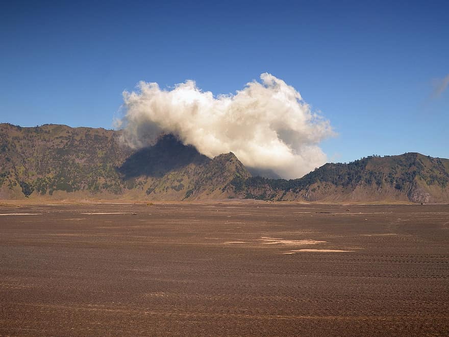 Desierto, volcán, arena, nube, fumar, montañas, volcánico, Java, Indonesia, superficie, viaje