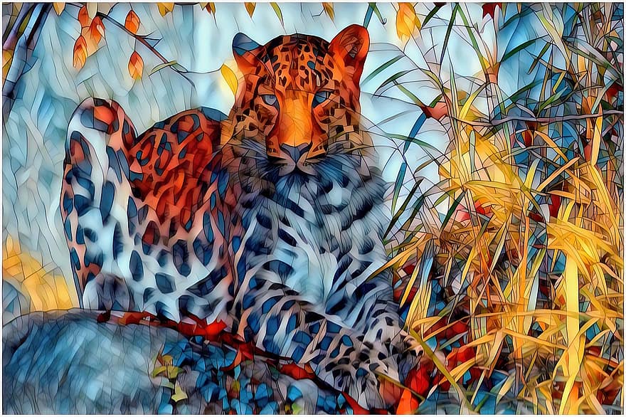 leopard, feline, Kunst, effekt, glassmaleri, lerret, akryl, å printe, digitalt, dekor, dekorasjon