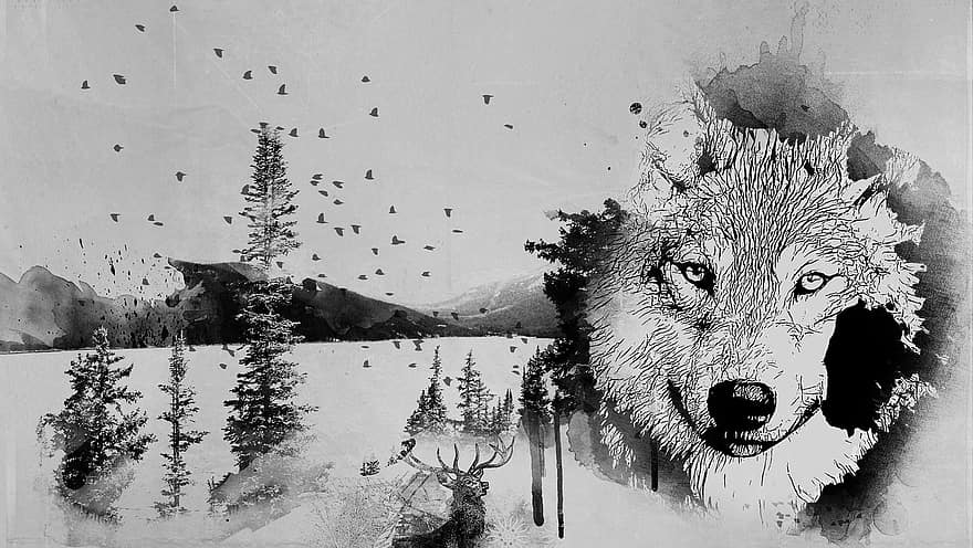 Wolf, Lake, Mountain, Brushwork, Design, Fantasy, Creativity