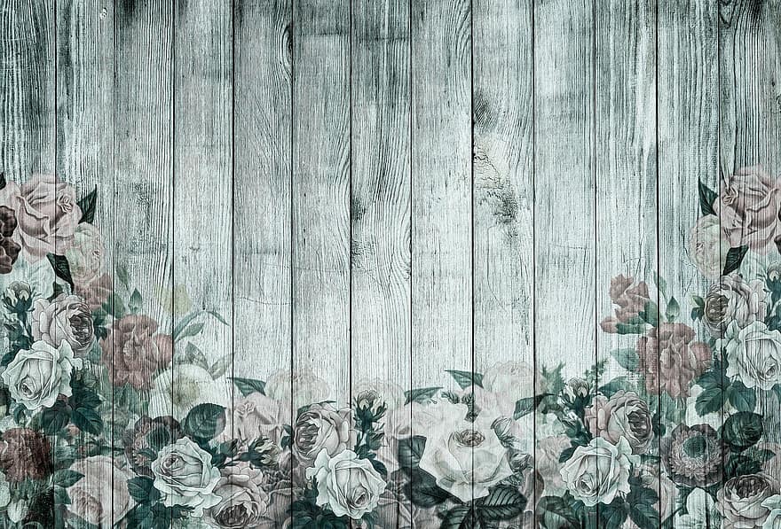 Rožės ant medinės sienos, žaismingas, rožės, mediena, fonas, romantiškas, senas, derliaus, raudonmedis