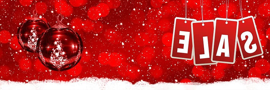 verkoop, kerstballen, reclame, banier, rood, bokeh, sneeuw, sneeuwval, sneeuwen, winter, kerst decoratie