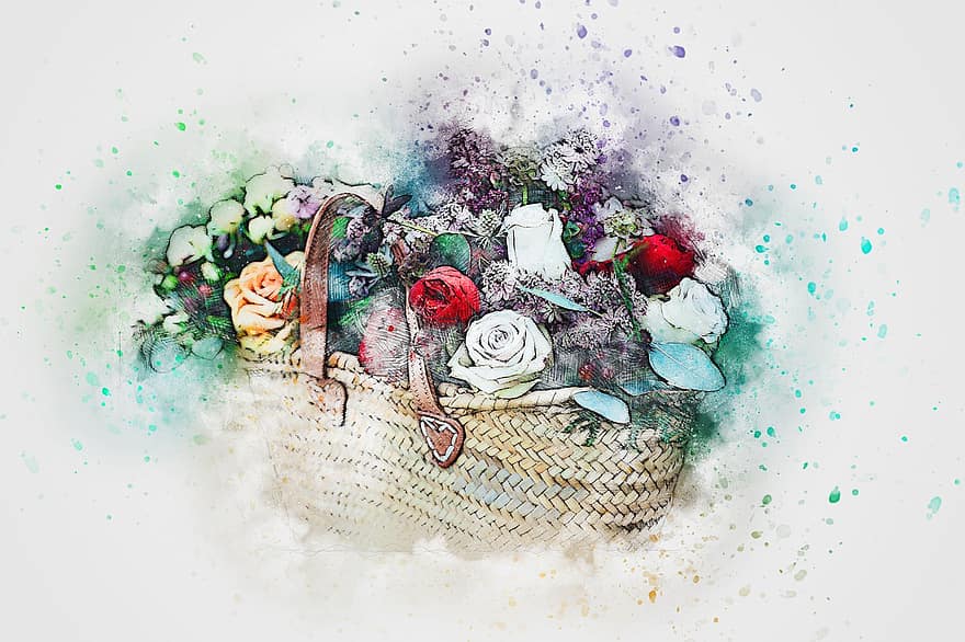 цветя, кошница, природа, акварел, реколта, лято, романтичен, артистичен, дизайн, карта, поздравителна картичка