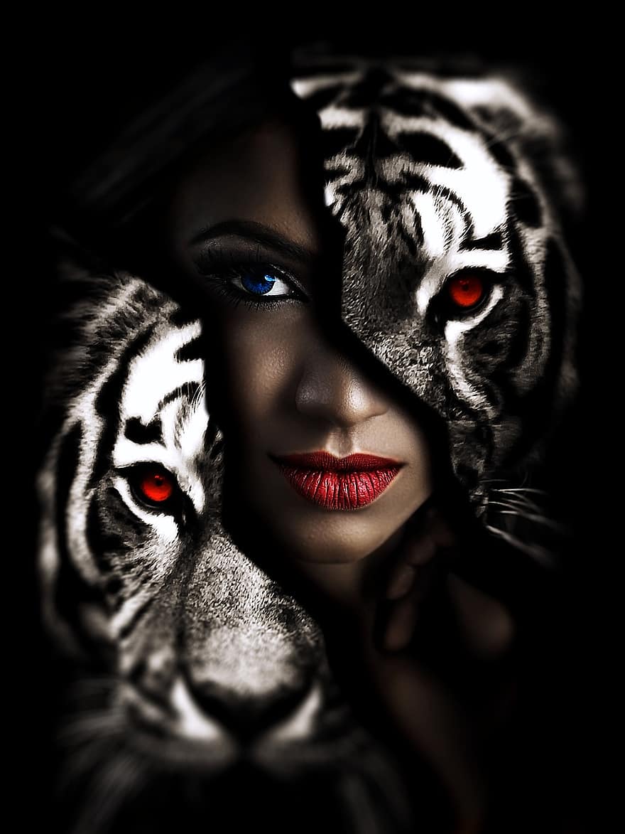 kobieta, Tygrys, Lew, Photoshop, oczy, kot, usta