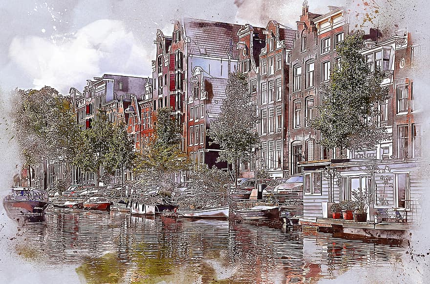 amsterdam, ēkām, upe, eiropa, kanāls, kanālu, Nīderlande, arhitektūra, laivas, pilsēta