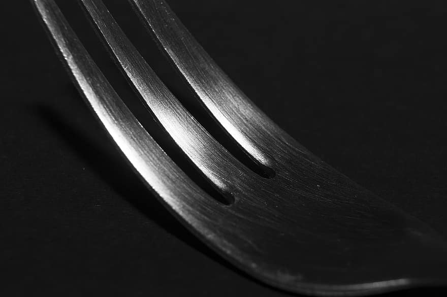 svartvit, gaffel, metall, redskap, närbild, enda objekt, stål, makro, bakgrunder, skinande, metallisk