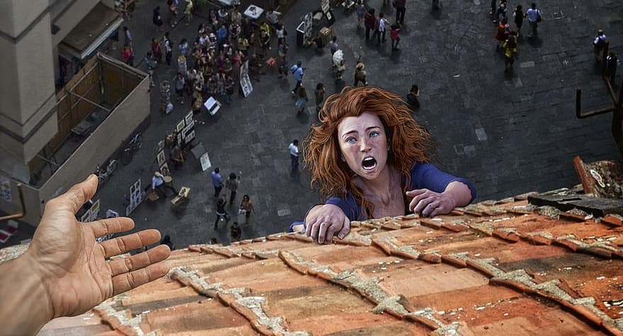 Roof, Woman, Rescue, Help, Image Editing, Photoshop, Hand