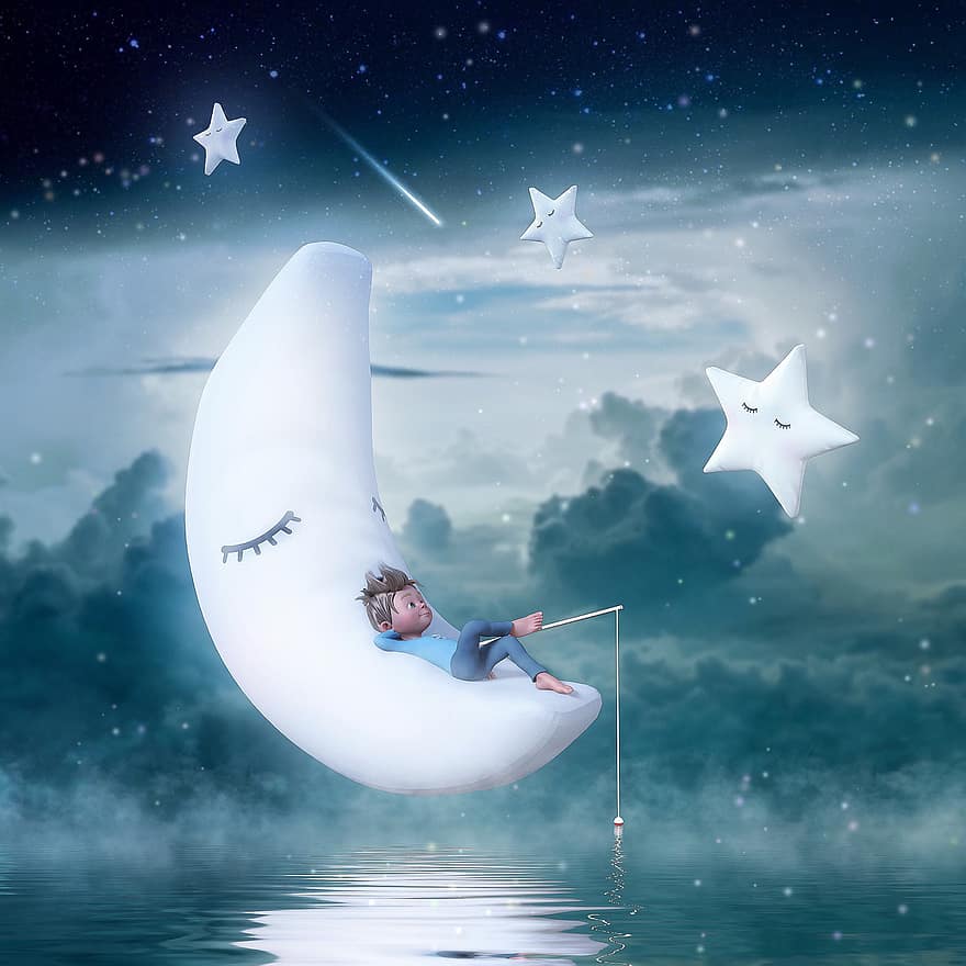 mėnulis, žvaigždė, dangus, debesys, vaikas, meškerė, vaikų knyga, padengti, pasaka, vanduo, spiegelung