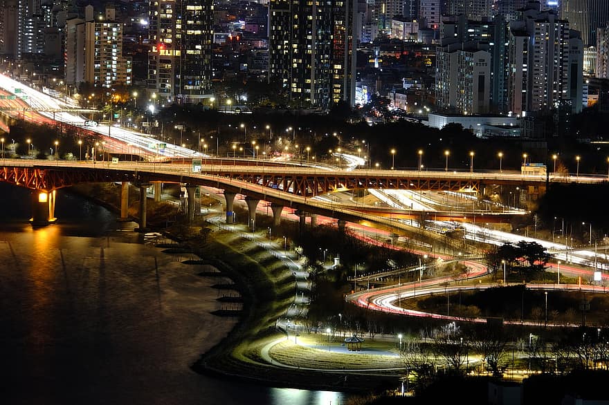 Seula, pilsēta, upe, naktī, Koreja, gaismas, tilts, ceļš, šosejas, ēkām, pilsētas ainava