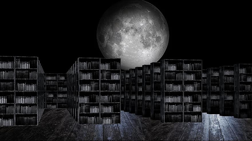 könyvtár, könyvek, hold, bolygó, sötét, éjszaka, tudomány, tér, faipari, háttérrel, holdfény