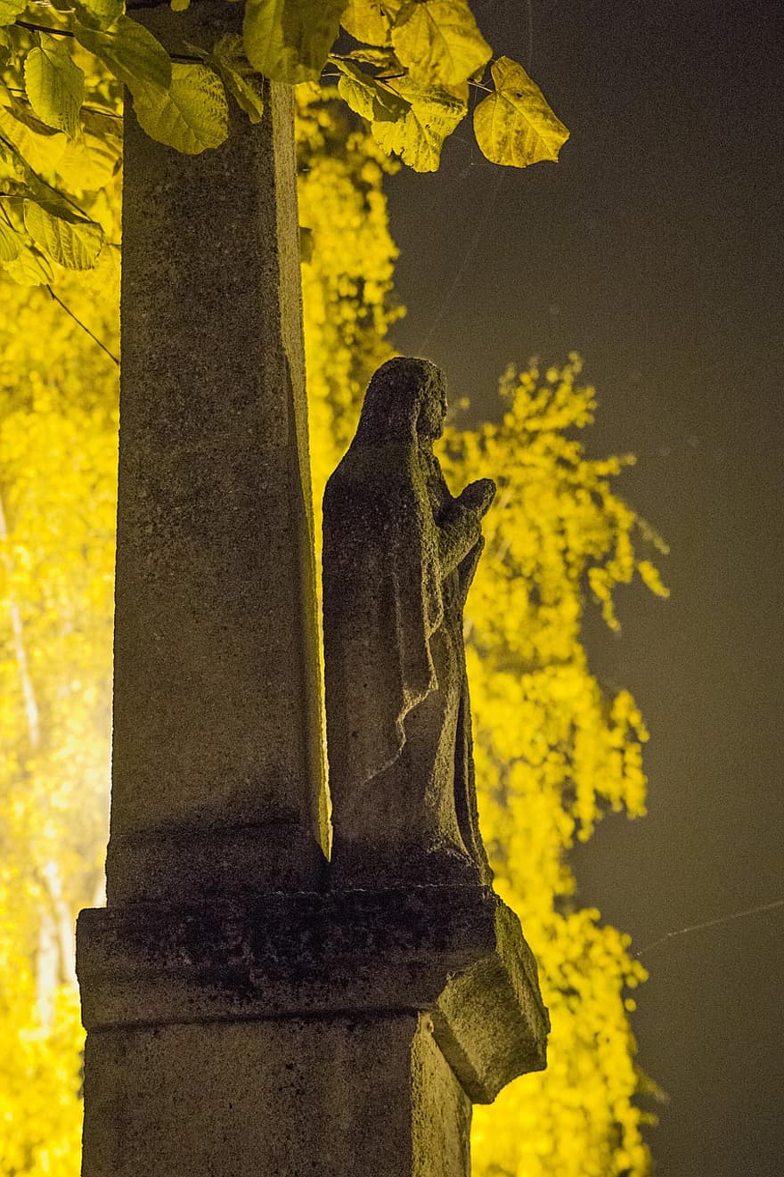 cimetière, statue, Saint, traverser, sculpture, nuit, religion