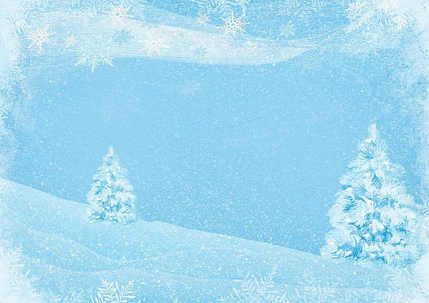 motivo navideño, tarjeta de Navidad, paisaje de nieve, Navidad, invierno, abetos, invernal, azul, blanco, vendimia, antiguo