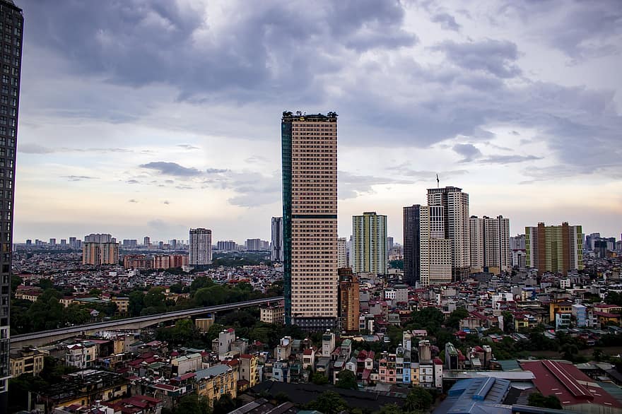 stad, bewolking, Hanoi, Vietnam, stedelijk, landschap, stadsgezicht, wolkenkrabber, stedelijke skyline, architectuur, buitenkant van het gebouw