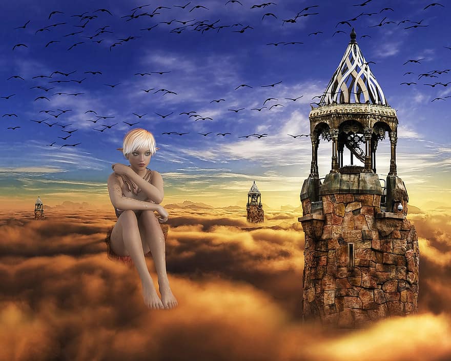 жена, кула, фантазия, елф, облаци, небе, птици, залез, здрач, религия, облак