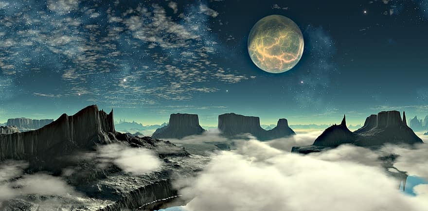 Лунен пейзаж, пространство, планини, облаци, луна, отражение на водата, размисъл, планински върхове, контраст, светло тъмно, синкав