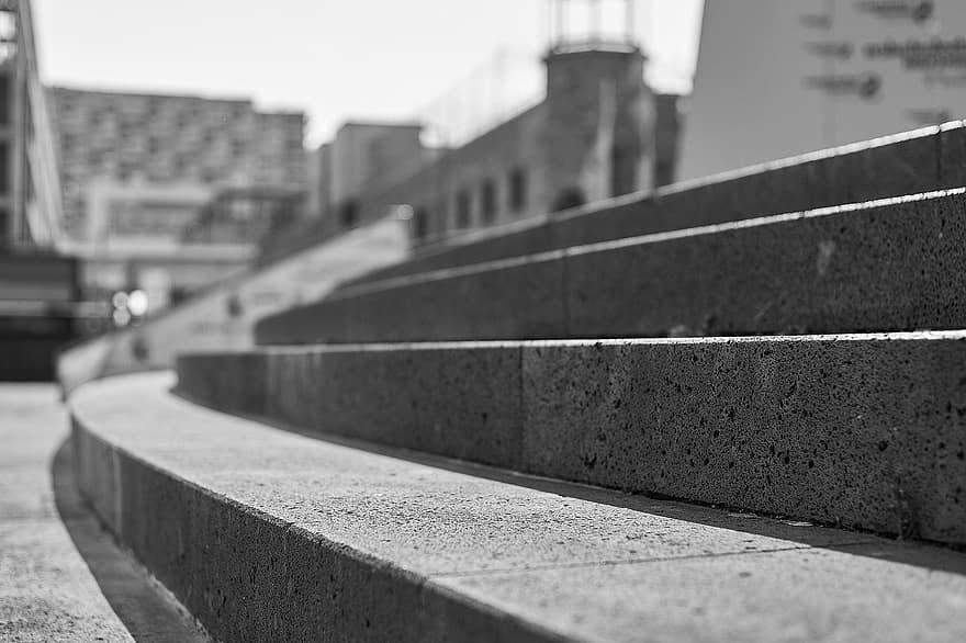 escalera, arquitectura, Rheinauhafen, exterior del edificio, antiguo, lugar famoso, en blanco y negro, estructura construida, día, punto de fuga, diseño
