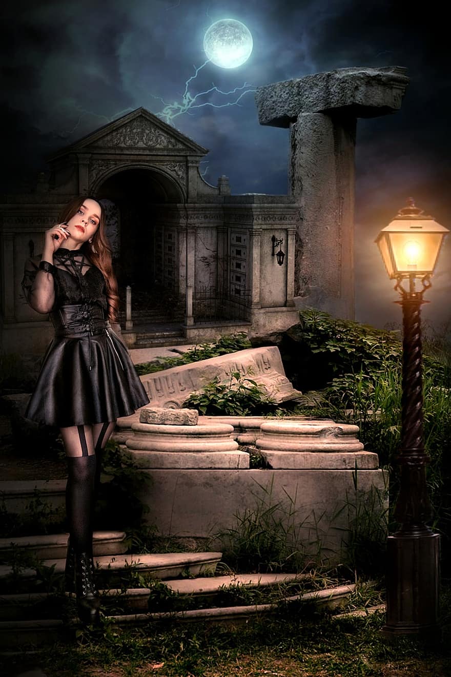 kobieta, lampa, księżyc, zamek, na stojąco, gapiowski, noc, światło, straszny