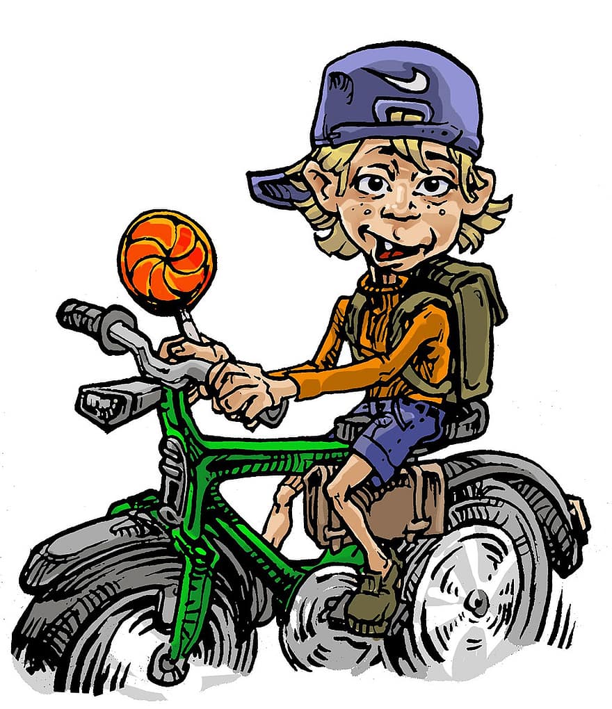 wenig, Junge, Fahrrad, Lächeln, Schule, Fahrer, rollen, jung, Hitze, blond, Süßigkeiten