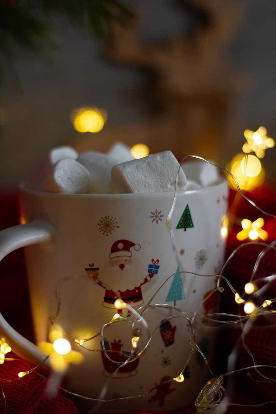 cái ca, đèn Giáng sinh, marshmallow, món ăn, uống, đồ uống, giáng sinh, các ngôi sao, cốc, cuộc sống vẫn còn, bokeh