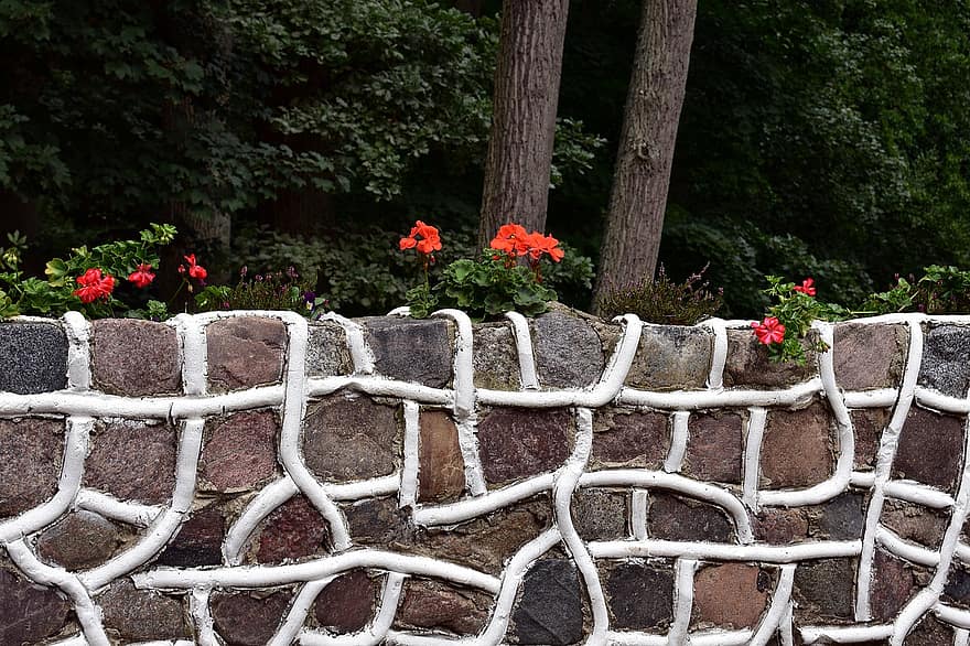 Flowers, Plants, Wall, Red Flowers, Bloom, Trees, Stone Wall, Park