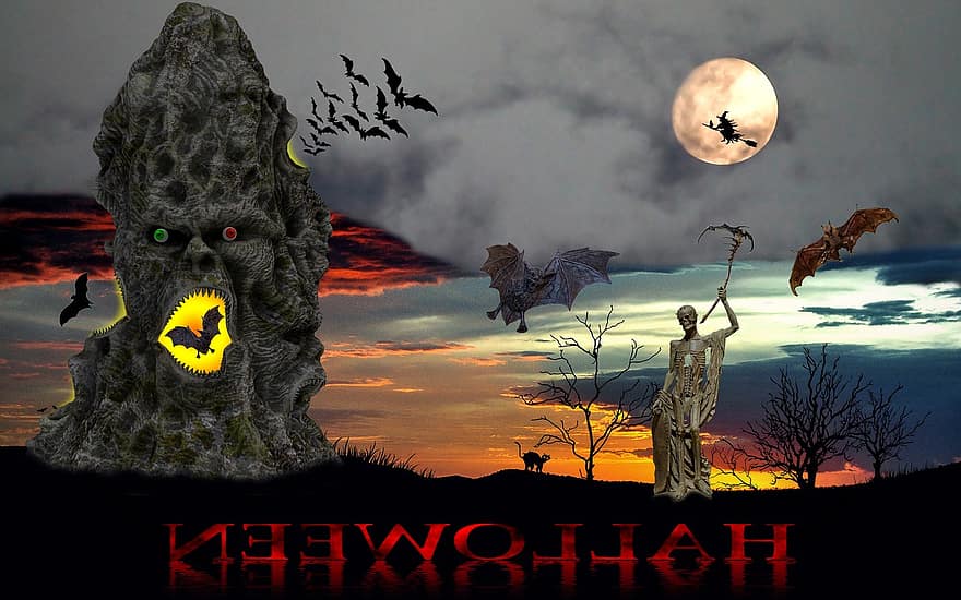 Halloween, esquelet, bat, lluna, la bruixa, horripilant, estrany, por, horror