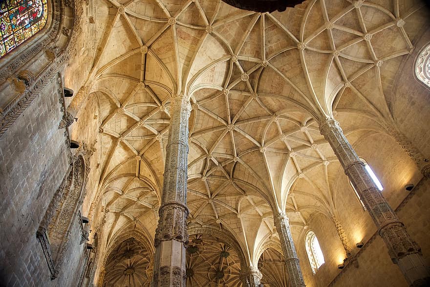 strop, architektura, Lisabon, historický, Portugalsko, křesťanství, náboženství, slavné místo, uvnitř, Katolicismus, gotický styl