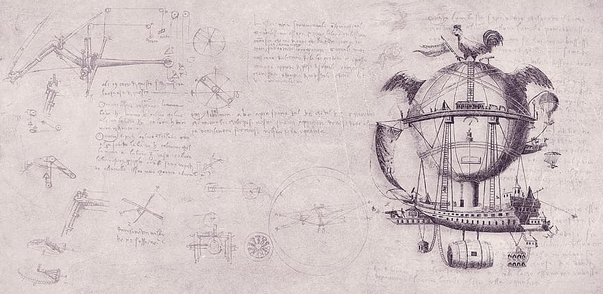 марочный, фон, Летающий корабль, Леонардо да Винчи, античный, изобретений, полет на воздушном шаре, Фото на обложке, самолет, стимпанк, альбом