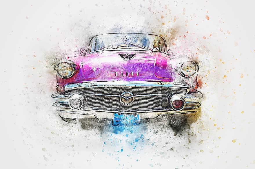 auto, staré auto, umění, abstraktní, vodové barvy, vinobraní, tričko, umělecký, design, akvarel, barva postříkat