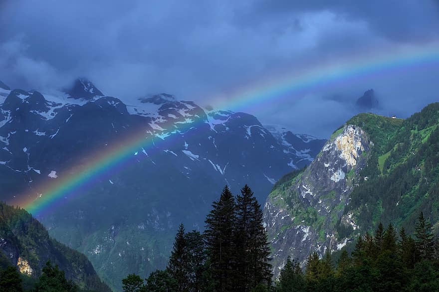 Rainbow, Mountains, Landscape, Mountain, Sky, Scenic, Clouds, Sun, Evening, Forest, Nature