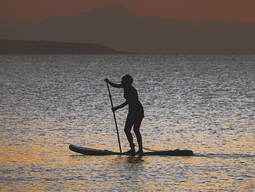 Standup Paddleboarding, Paddleboarding, Sea, Water Sport, Sunset, water, oar, men, silhouette, paddling, sport
