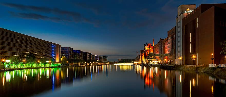 Duisburg, belső kikötő, éjszaka, este, hosszú expozíció, hangulat, ruhr terület, Németország, szürkület, építészet, visszaverődés