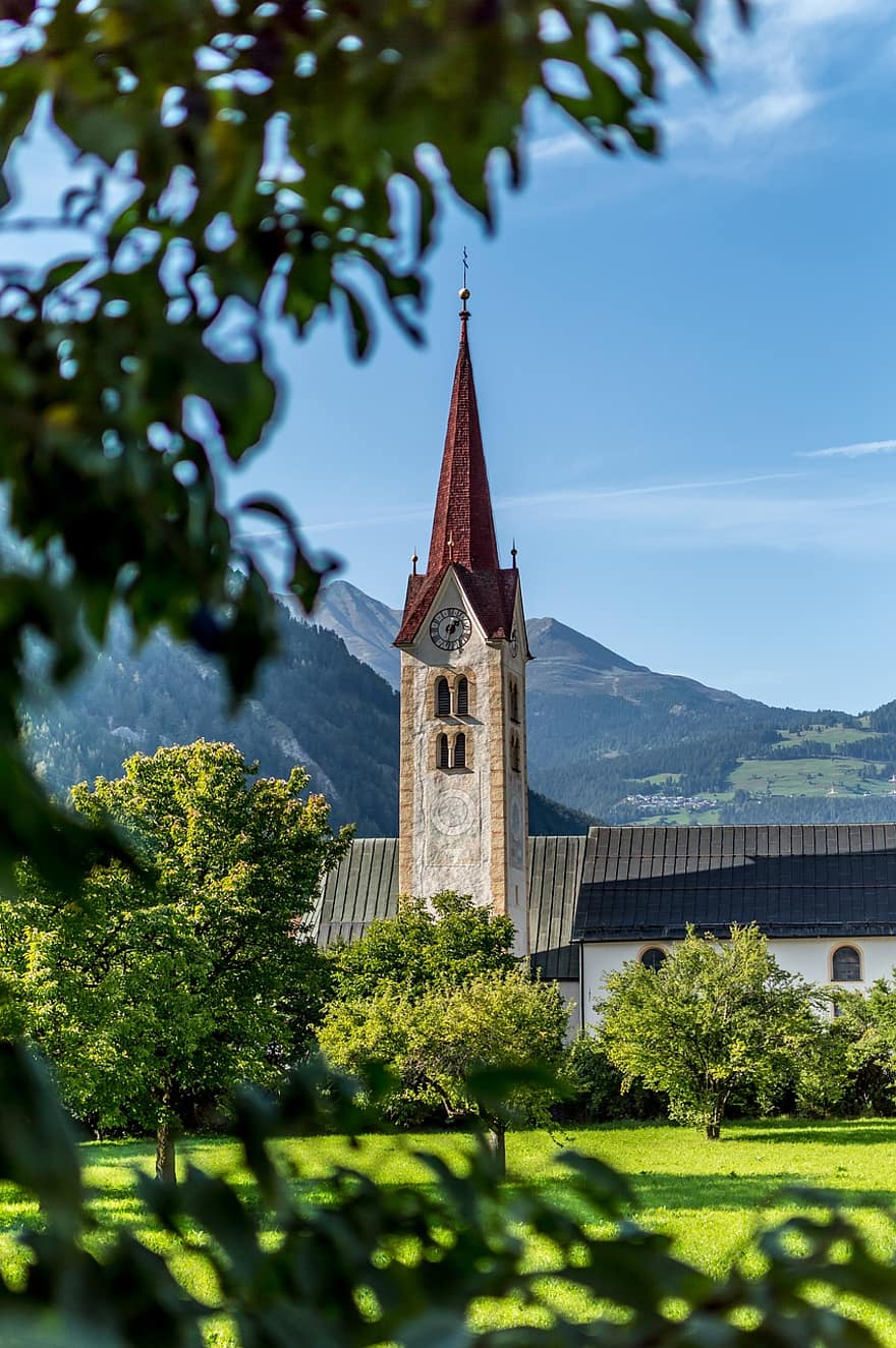 construção, Igreja, torre, campanário, relógio, torre sineira, Tirol