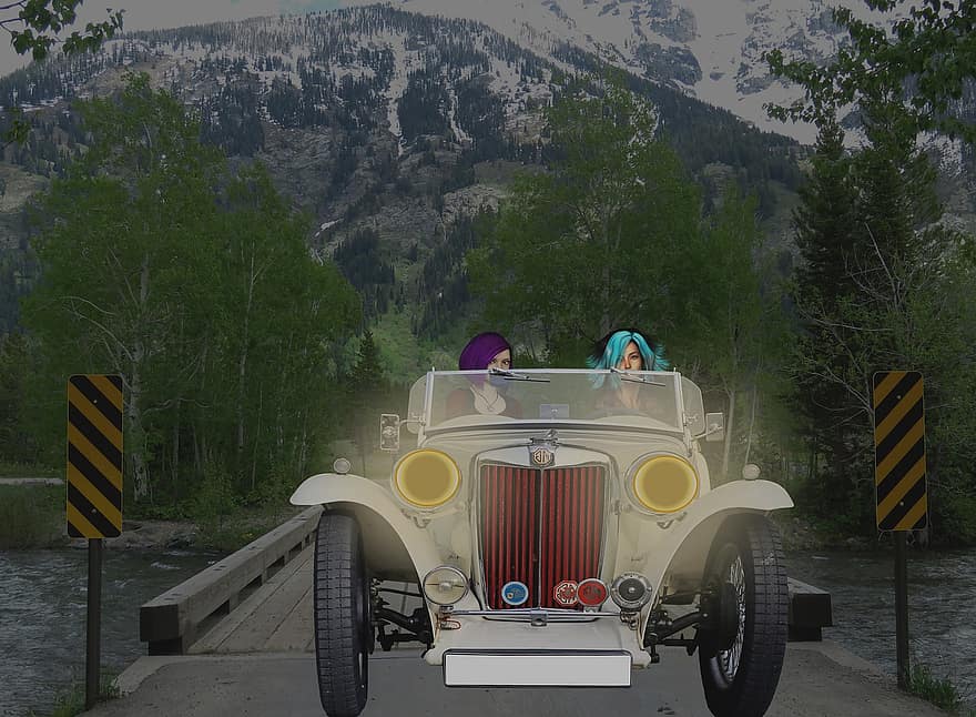 carro, viagem, vintage, natureza, Wyoming, faróis, ponte, sinais de trânsito, mulheres, par, passageiro