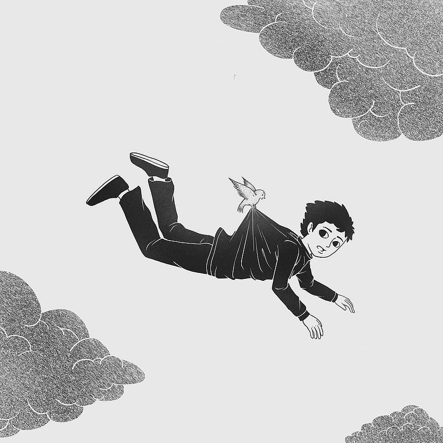Man, Fly, Surreal, Bird, Sky, Clouds, Fall, Flying, Person, Drawing, Cartoon