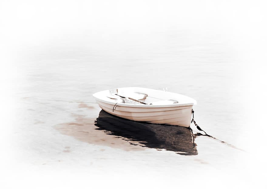 loď, malý člun, námořní, odraz, bílé pozadí, minimalistický, bílý, voda, viněta