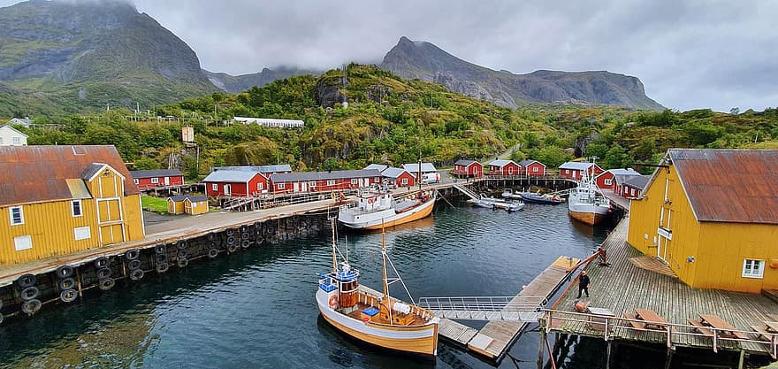 villaggio di pescatori, Norvegia, mare, Nusfjord, villaggio, paesaggio, lofoten, montagne