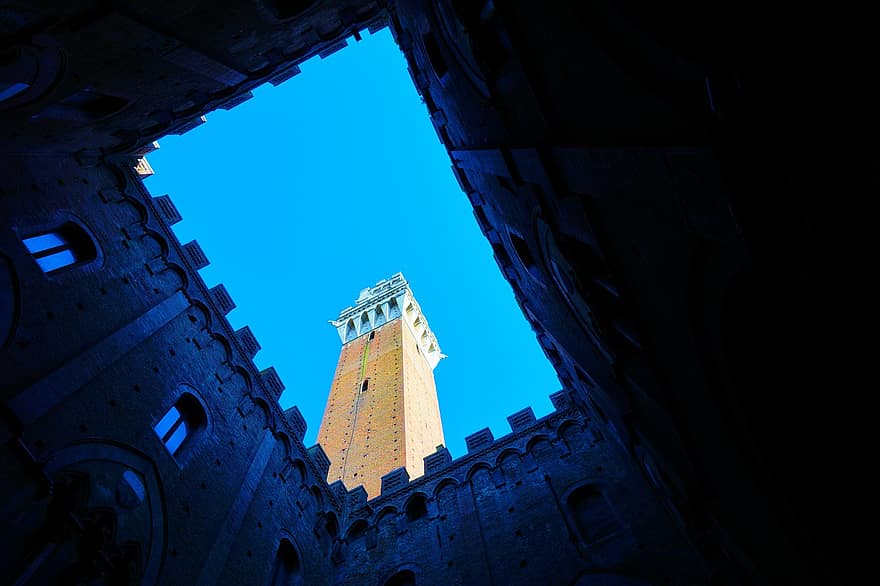 tårn, Siena, Italien, toscana, milepæl, firkant, middelalderlig, arkitektur, himmel, historisk, berømte sted