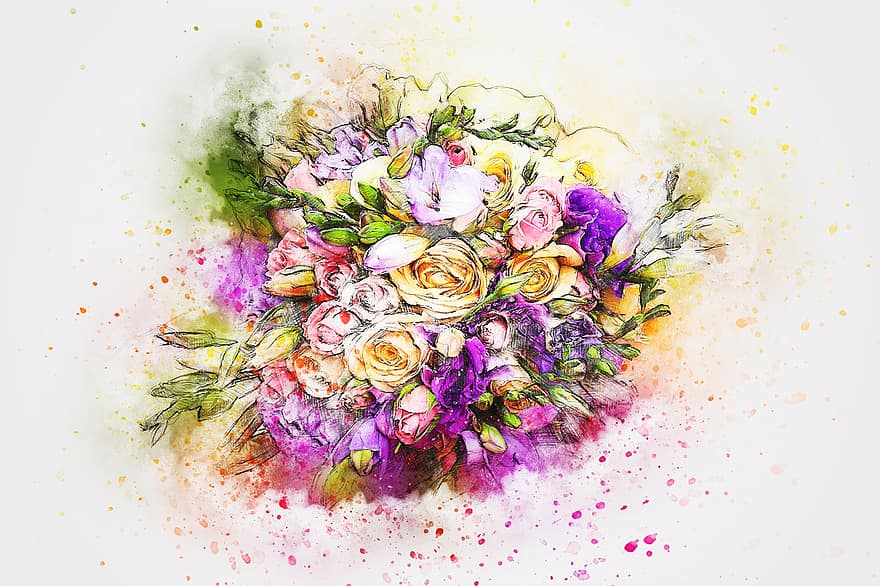 gėlės, puokštė, menas, pobūdį, santrauka, akvarelė, Vestuvės, derliaus, pavasaris, romantiškas, meninis