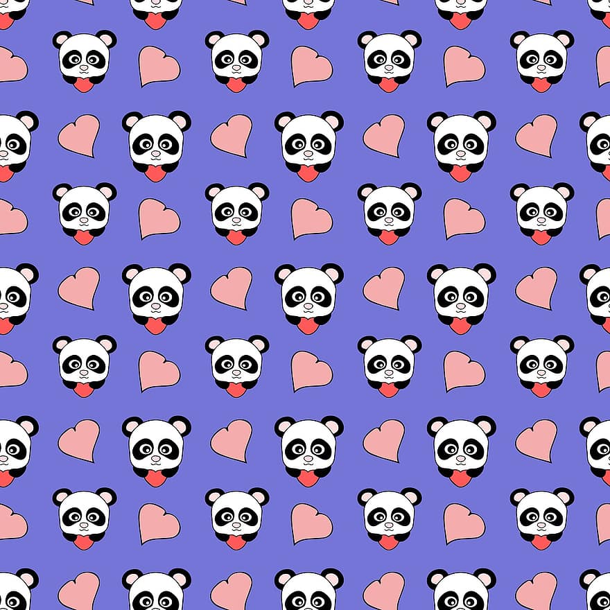 djur, panda, hjärtan, kärlek, sömlös, mönster, söt, vektor, bakgrunder, illustration, nallebjörn