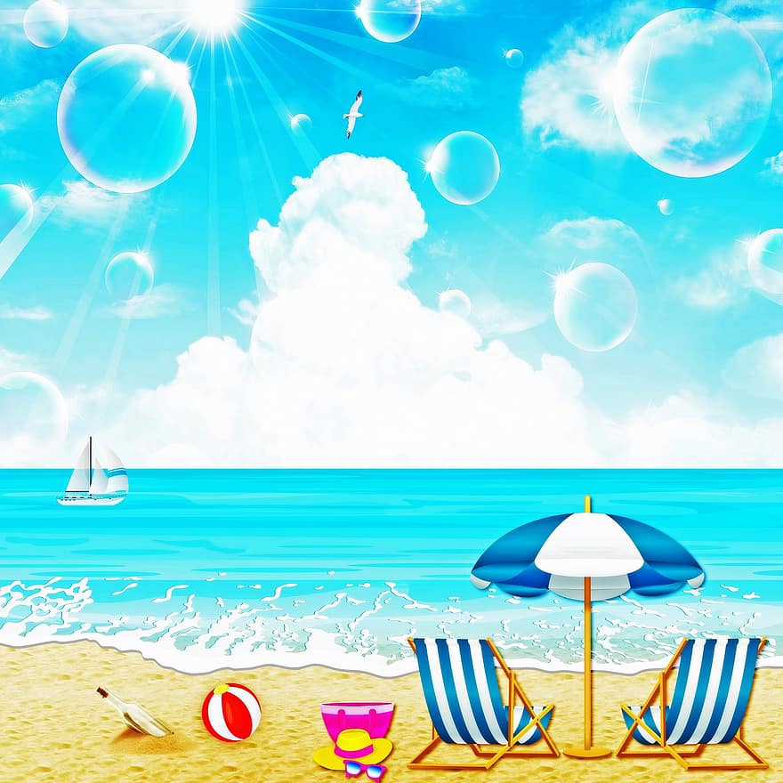 pludmale, jūra, pludmales krēsli, lietussargs, saule, laiva, buru laiva, vasarā, ūdens, okeāns, smiltis