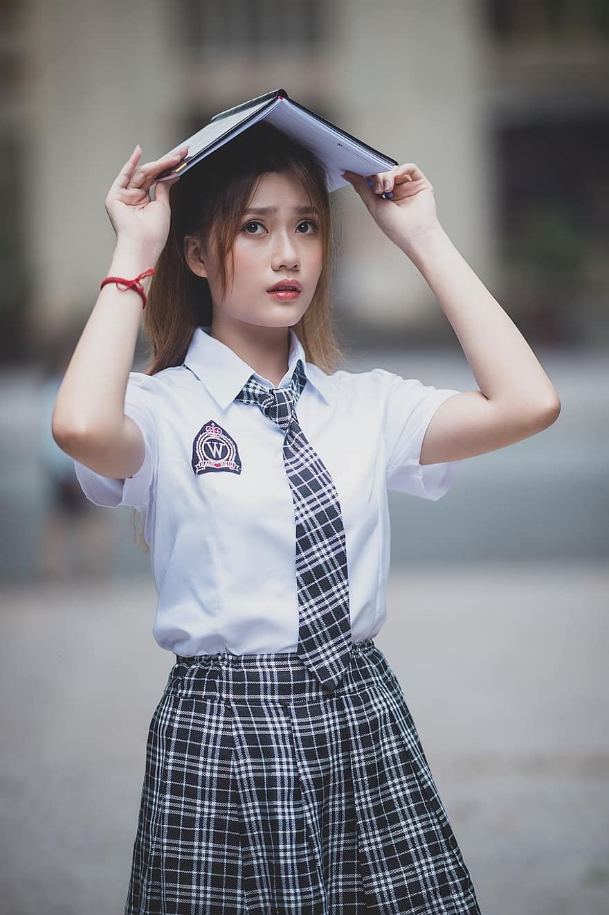 мода, школьная форма, девушка, ноутбук, вьетнамский, ученица, ученик, модель, женщина, красота, прекрасный