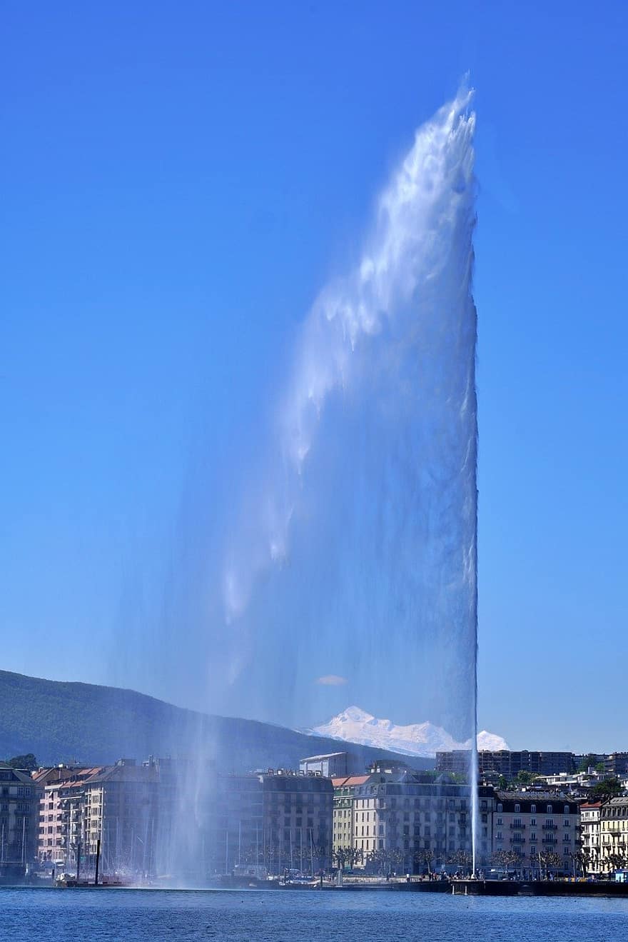 jet d'eau, Mont blanc, lac de Genève, Lac, lac de genève, eau, Puissance, bleu, endroit célèbre, architecture, paysage urbain
