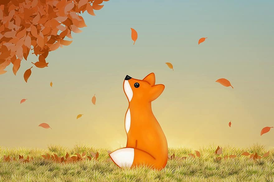 roter Fuchs, Tiere, kawaii, Blätter, der Herbst, Natur, Landschaft, Hintergrund, Sonnenuntergang, Ruhe, Reflexion