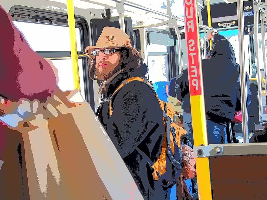 Bus, Stranger, Bag, Man, Hat, Commute, Drawing