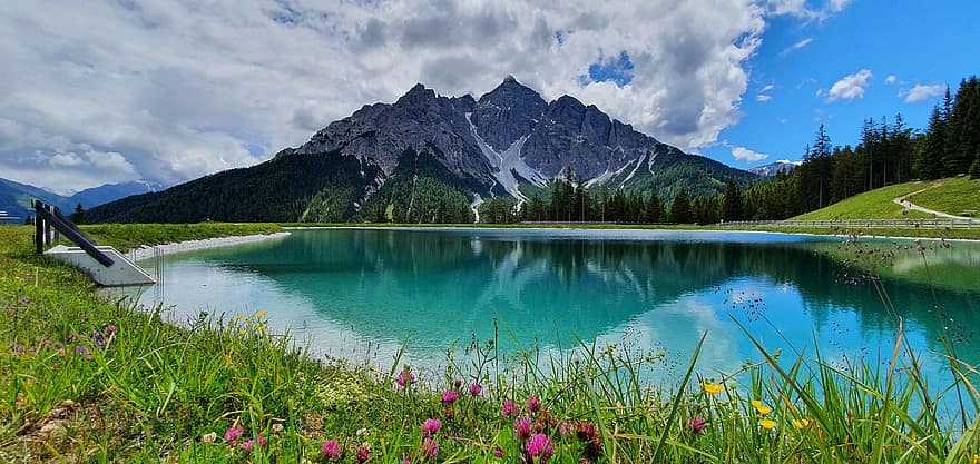 montañas, lago, prado, depósito, cumbre, reflexión, claro como el cristal, Bergsee, panorama, naturaleza, caminata