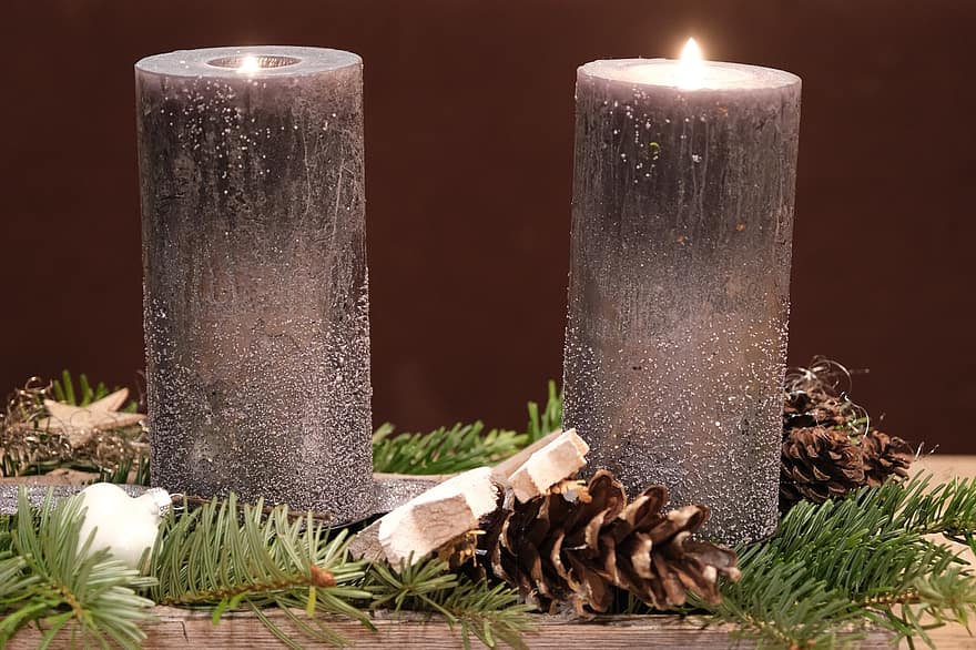 kaarsen, decoratie, vakantie, seizoen, Kerstmis, komst, kaars, viering, detailopname, achtergronden, hout