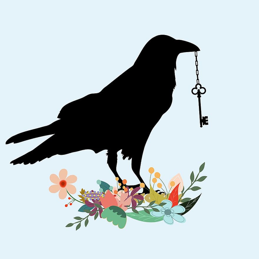 птица, вороной, черный, ворона, клюв, ключ, держа, цветы, цветочный, природа, Изобразительное искусство