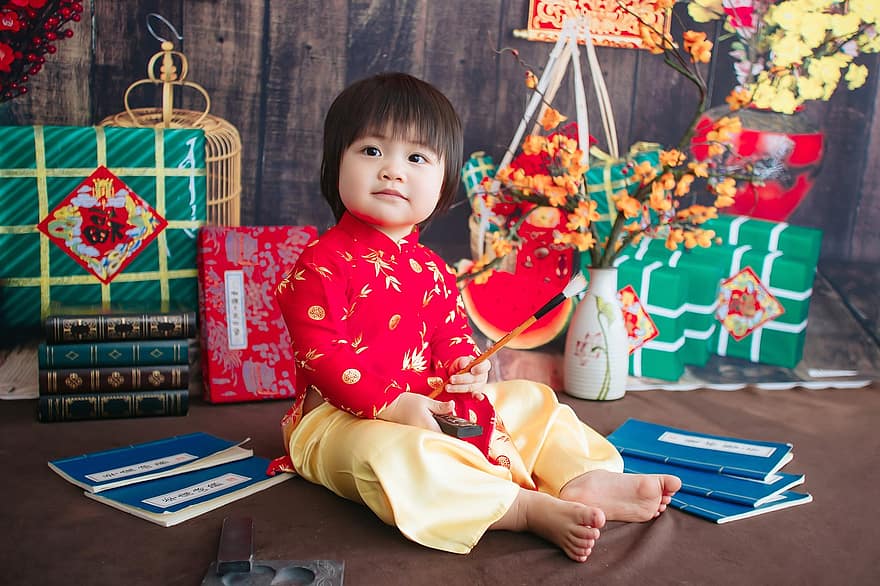 дете, традиционен костюм, ao dai, млад, малко дете, тет, Tết Nguyên đan, Виетнамска лунна нова година, виетнамски, Виетнам, сладък